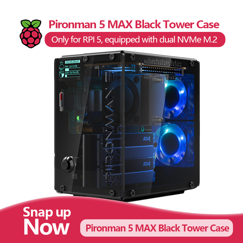 Argon One V3 M.2 Nvme Case - Pironman 5 MAX、Raspberry Pi 5用ブラックタワーケース、デュアルNVMe M.2、プログラマブルRGB照明、デュアルファン冷却機能搭載
